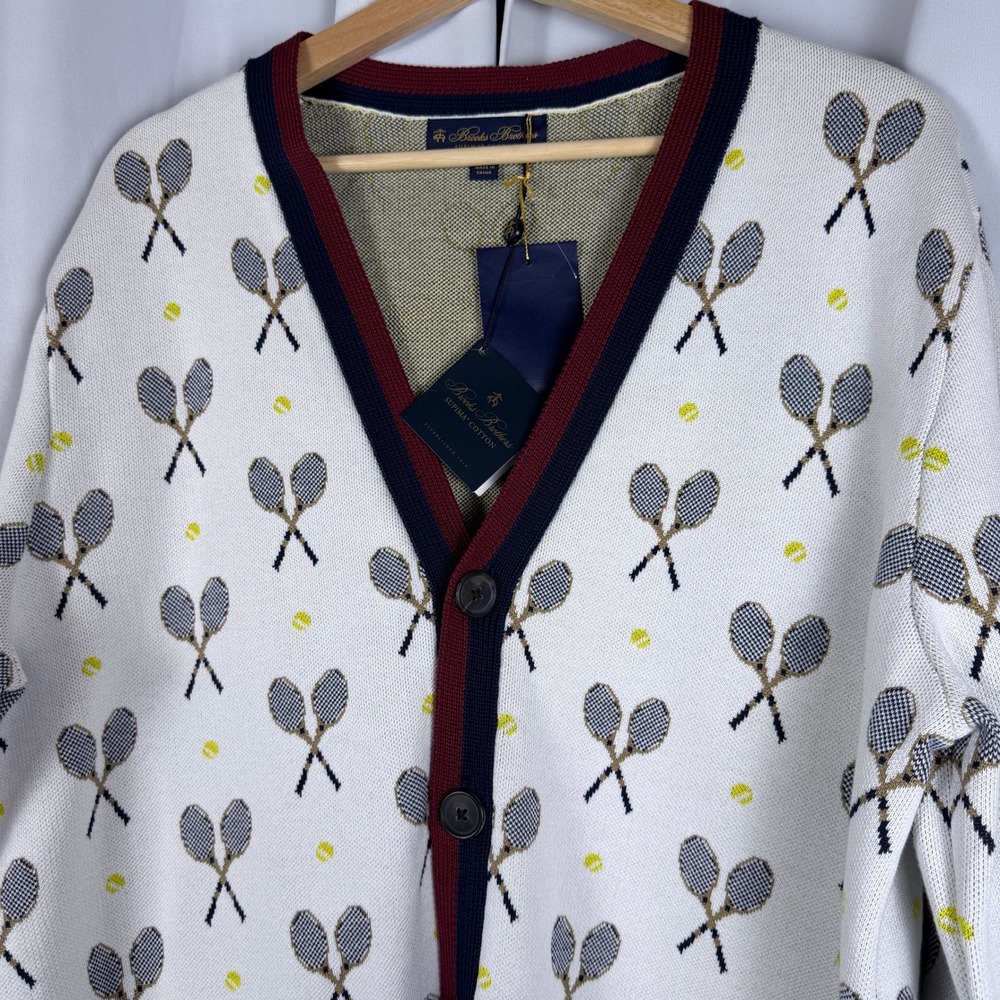 Brooks Brothers Mens Supima Cotton Tennis Racket Cardigan Sweater White Large